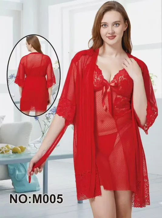 SHOPBOP 3-Piece Short Nighty with Gown Beautiful Sleepwear Set, Romantic Bridal Nightdress for Women