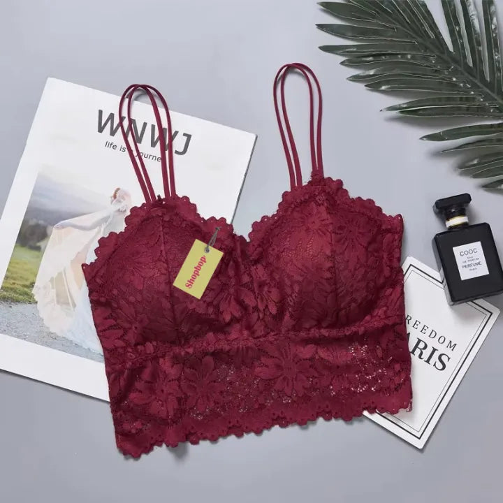 SHOPBOP Lace Floral Padded Bralette for Women Wire-Free Longline Bra Tank Top, Breathable & Comfortable Support, One Size 28–34