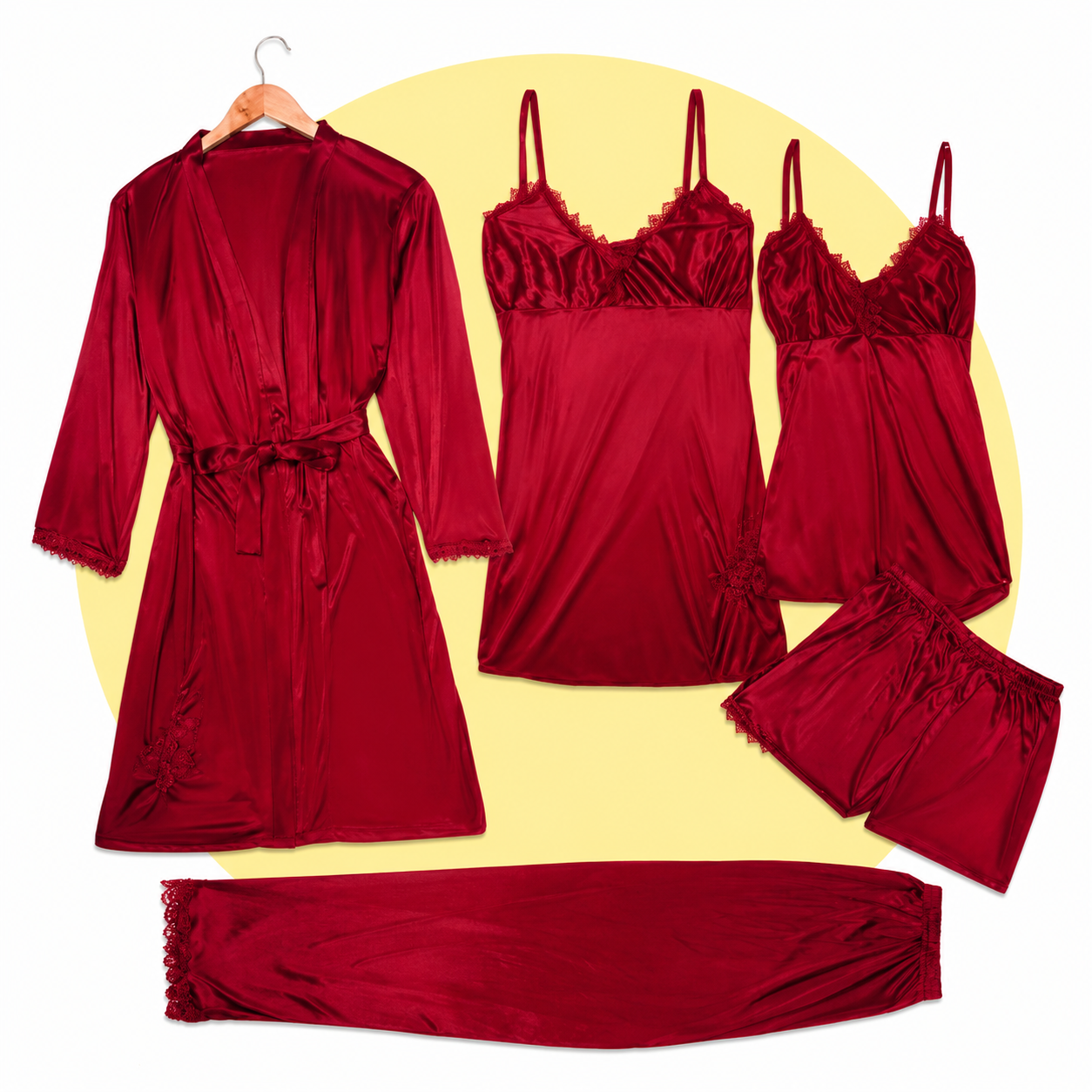 Royal Bridal Silk 5Pc Luxury Lace Trim Nightwear Set for Women