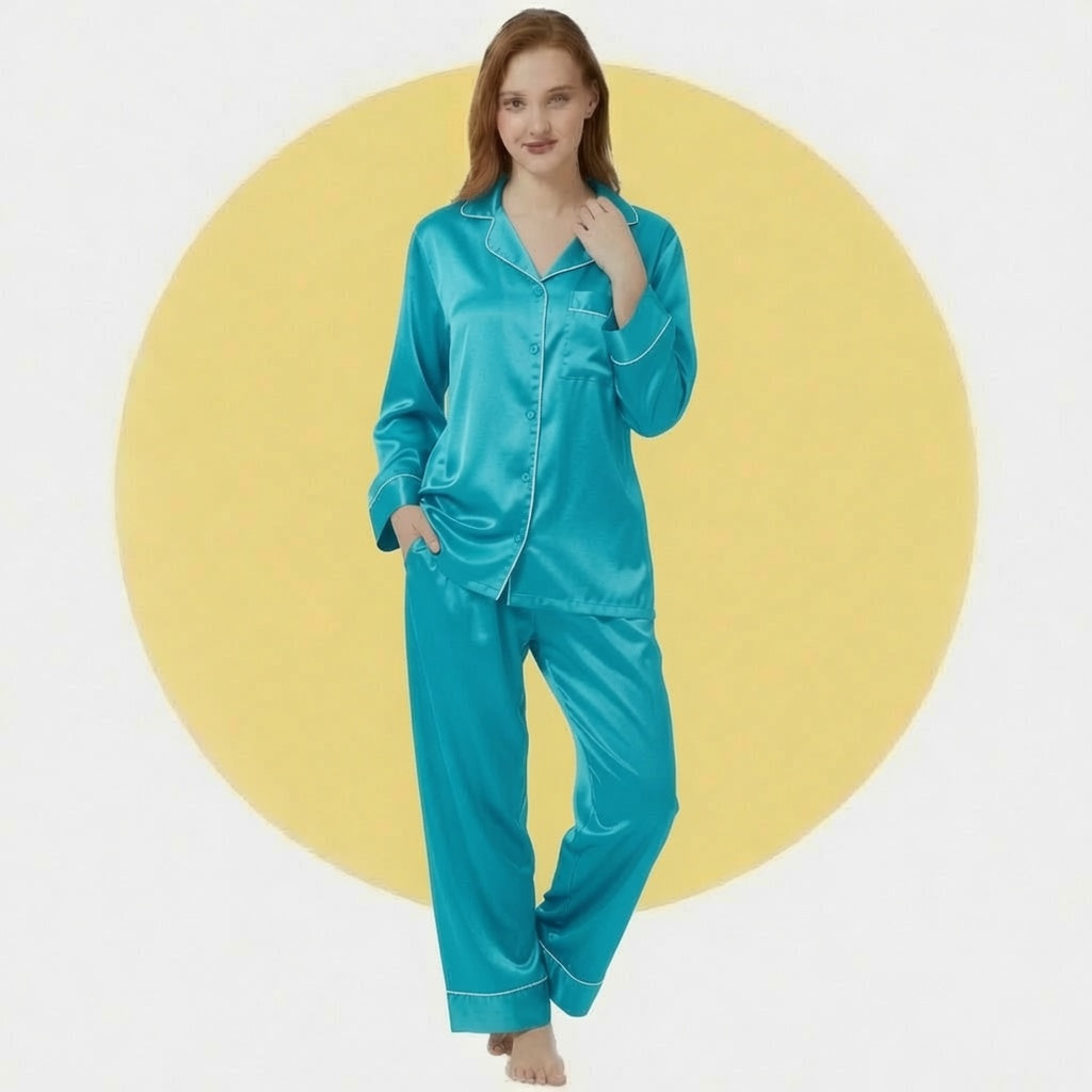 Satin Silk Women's Pajama Suit Long Sleeve Nightwear Set with Scrunchie
