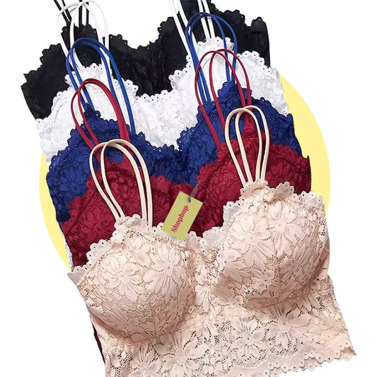 SHOPBOP Lace Floral Padded Bralette for Women Wire-Free Longline Bra Tank Top, Breathable & Comfortable Support, One Size 28–34