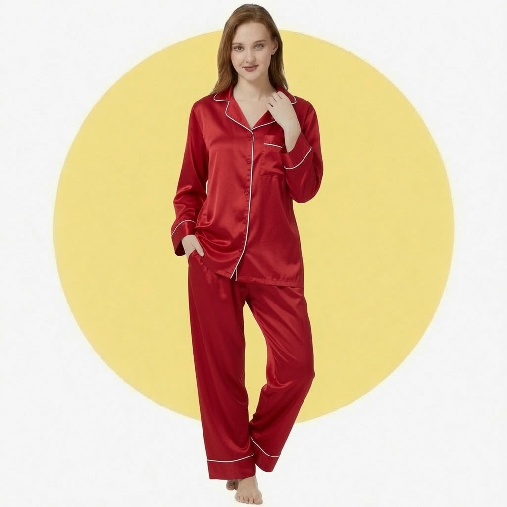 Satin Silk Women's Pajama Suit Long Sleeve Nightwear Set with Scrunchie