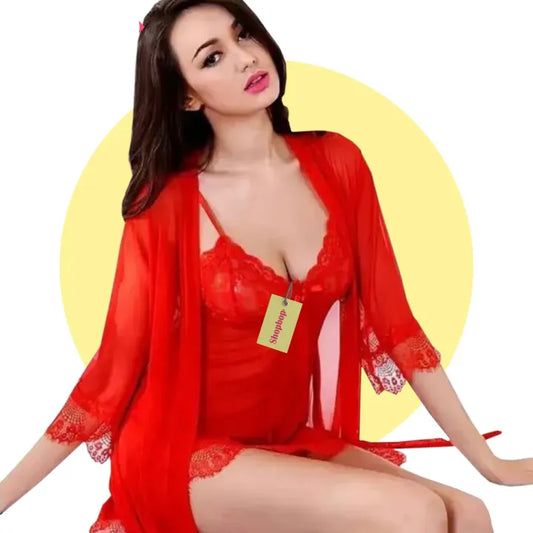SHOPBOP 3-Piece Short Nighty with Gown Beautiful Sleepwear Set, Romantic Bridal Nightdress for Women