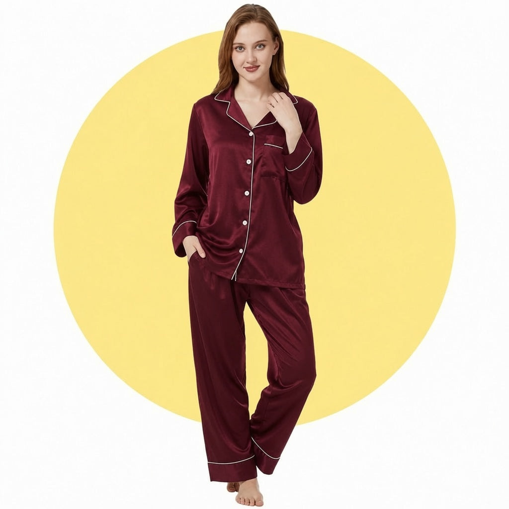 Satin Silk Women's Pajama Suit Long Sleeve Nightwear Set with Scrunchie