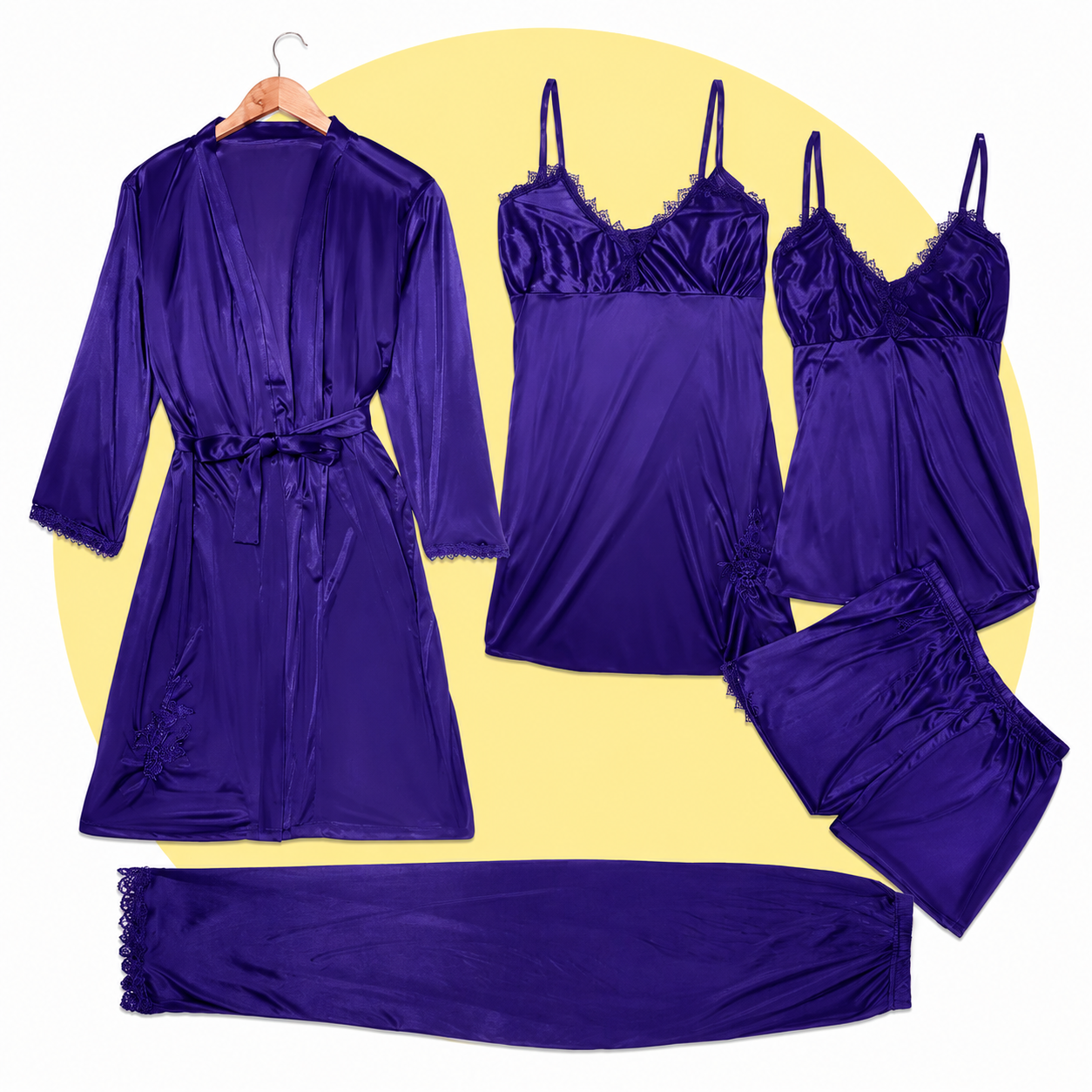 Royal Bridal Silk 5Pc Luxury Lace Trim Nightwear Set for Women