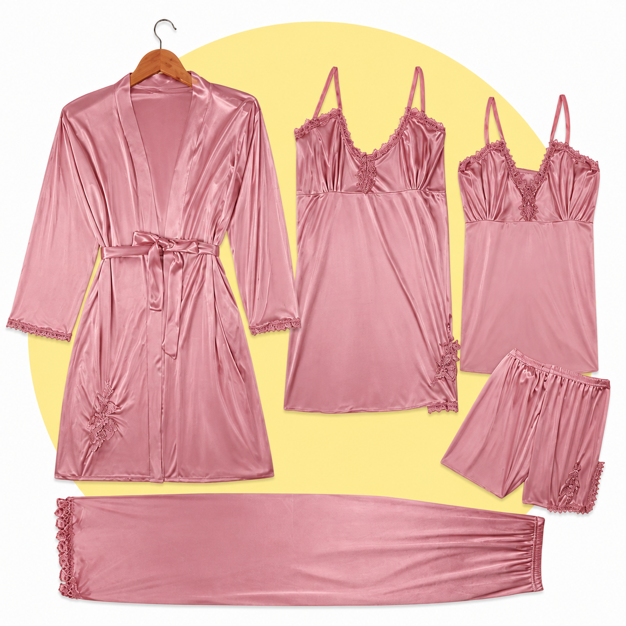 Royal Bridal Silk 5Pc Luxury Lace Trim Nightwear Set for Women