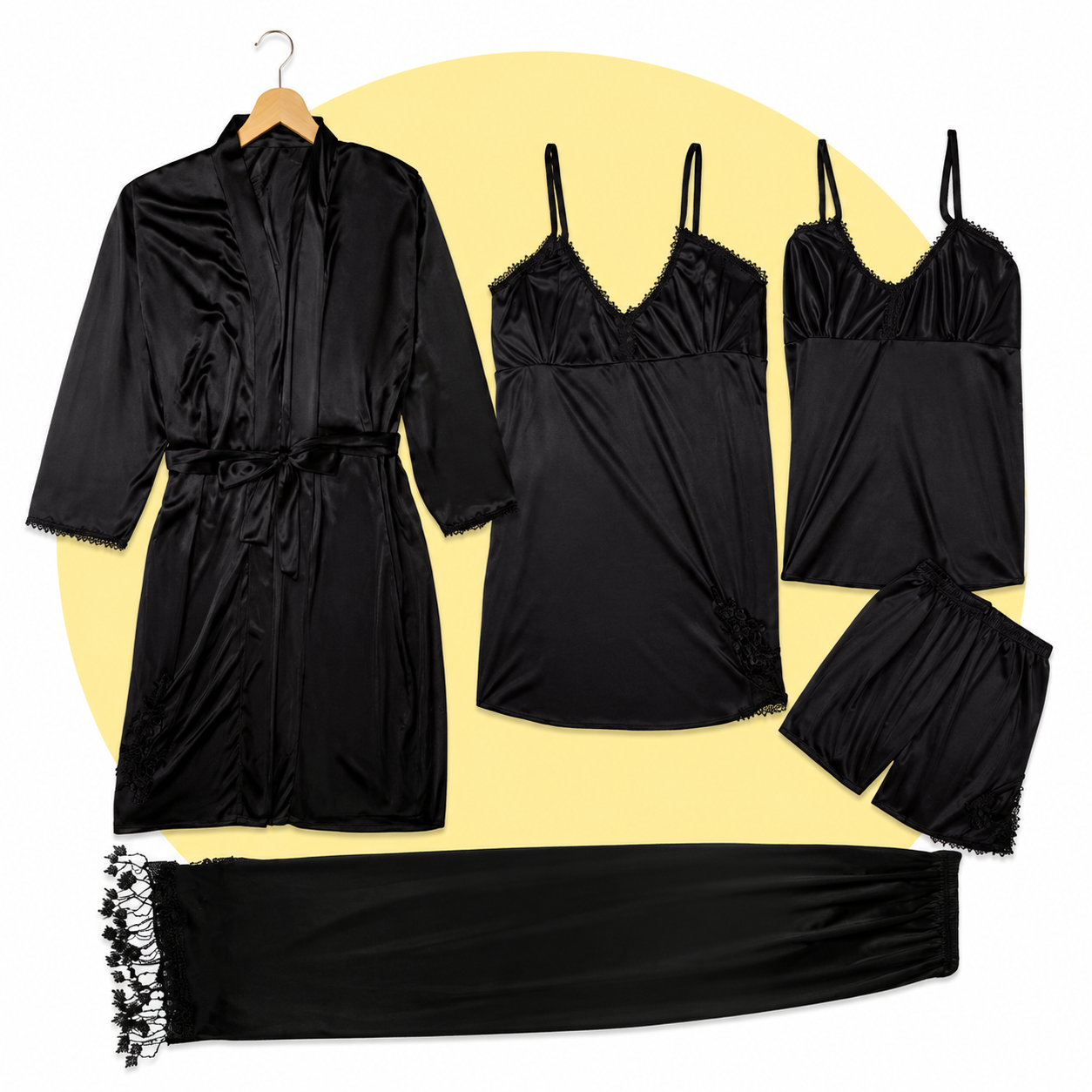 Royal Bridal Silk 5Pc Luxury Lace Trim Nightwear Set for Women