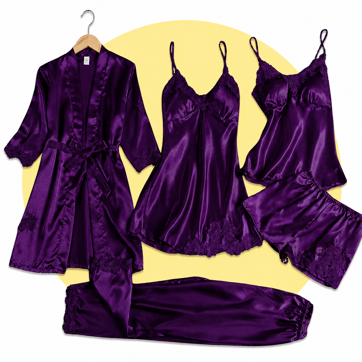 Royal Bridal Silk 5Pc Luxury Lace Trim Nightwear Set for Women