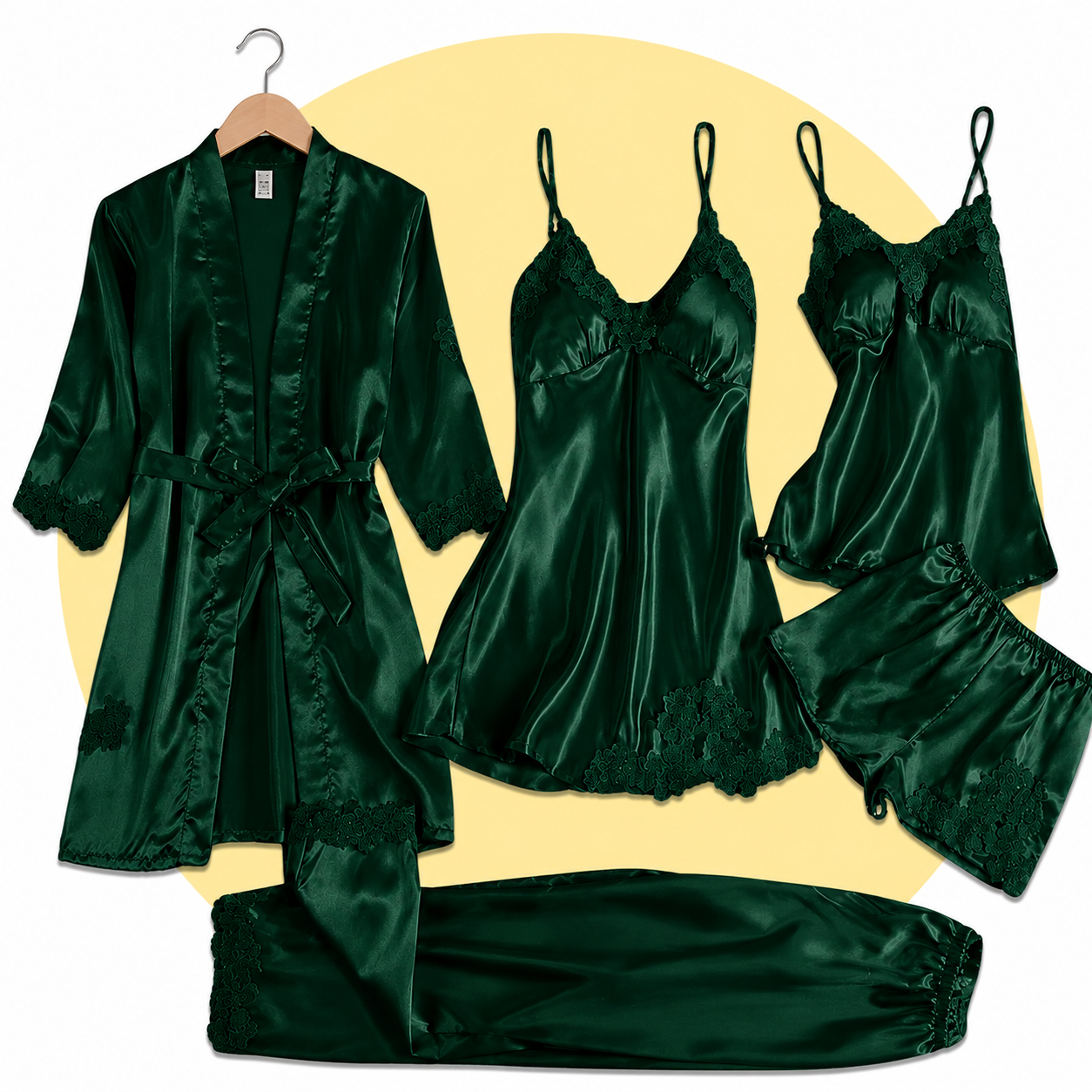 Royal Bridal Silk 5Pc Luxury Lace Trim Nightwear Set for Women