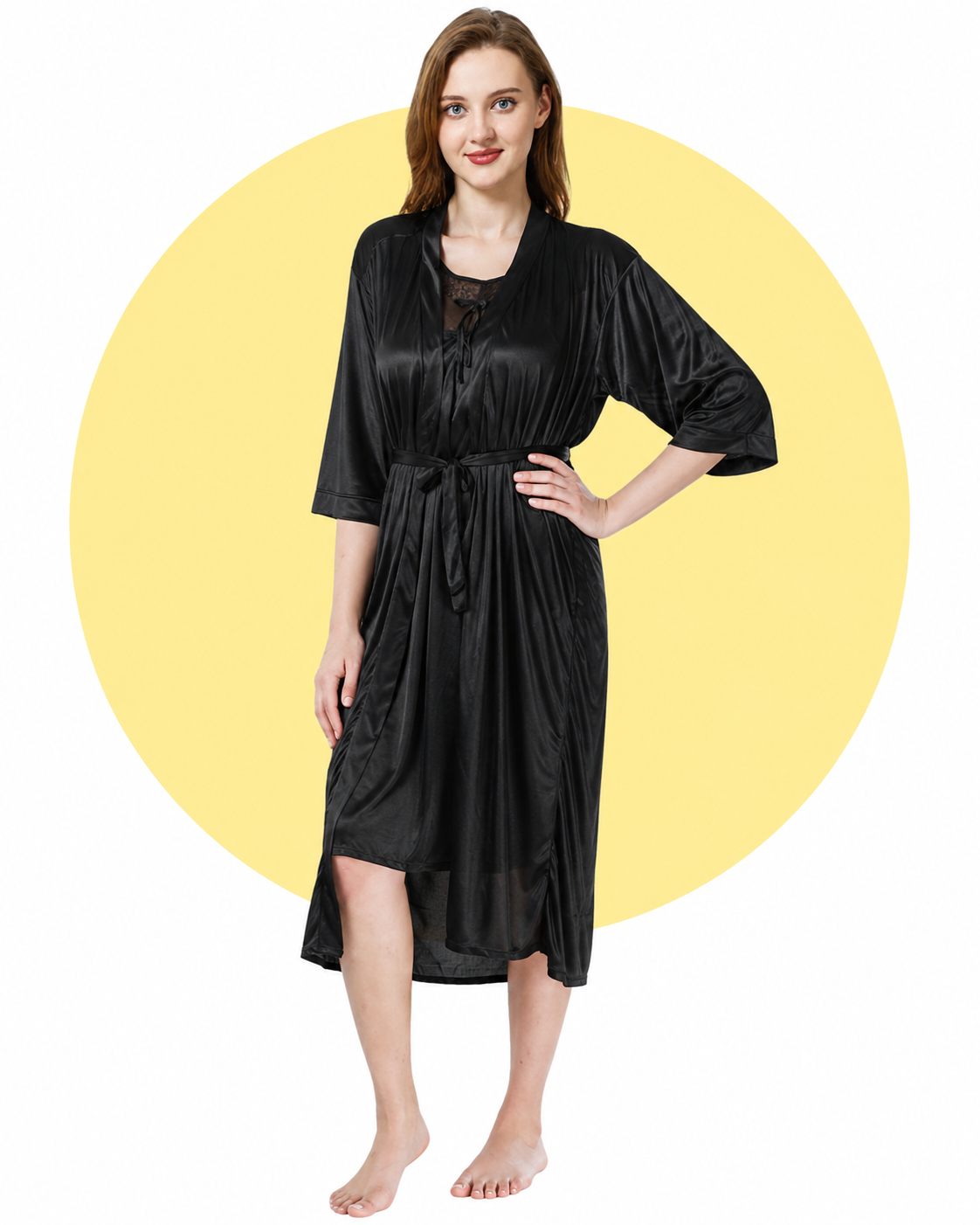 Women's Jersey Silk 2 Piece Nightgown Set Robe with Sleeveless Gown Black