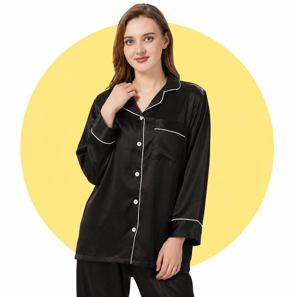 Satin Silk Women's Pajama Suit Long Sleeve Nightwear Set with Scrunchie