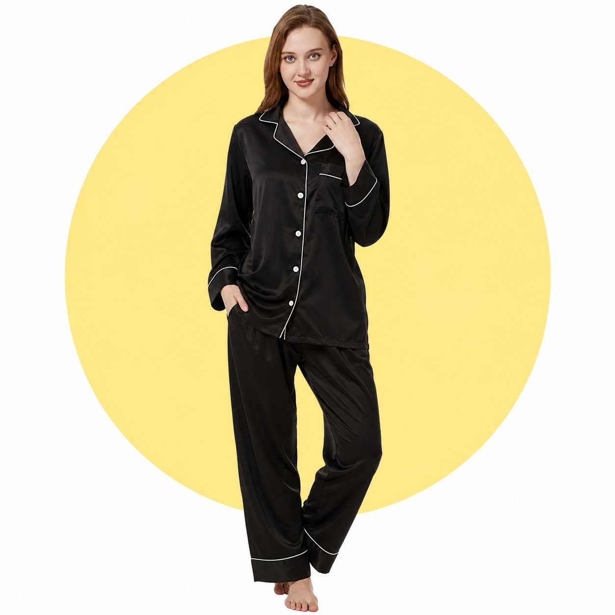 Satin Silk Women's Pajama Suit Long Sleeve Nightwear Set with Scrunchie