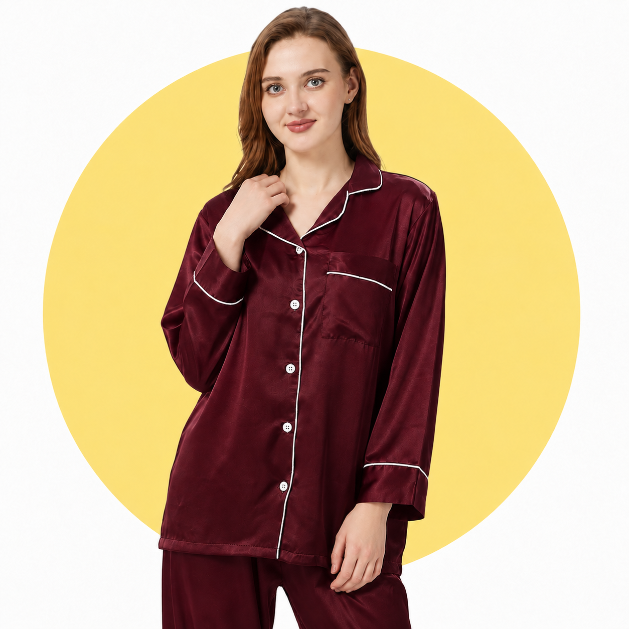 Satin Silk Women's Pajama Suit Long Sleeve Nightwear Set with Scrunchie