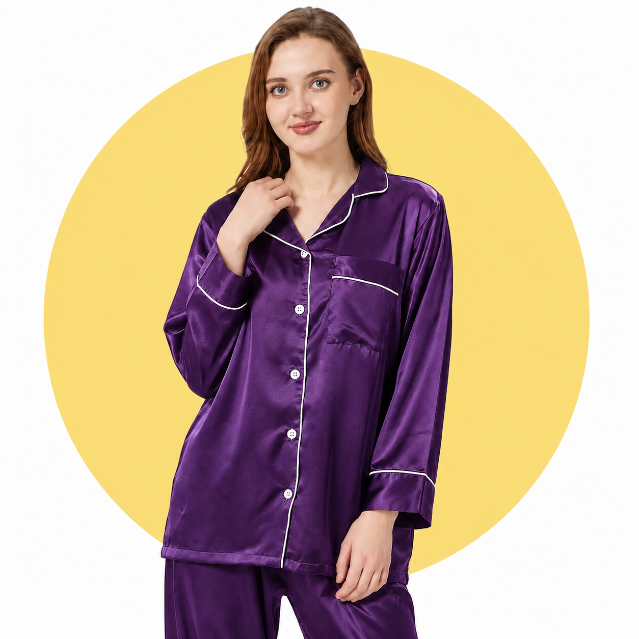 Satin Silk Women's Pajama Suit Long Sleeve Nightwear Set with Scrunchie