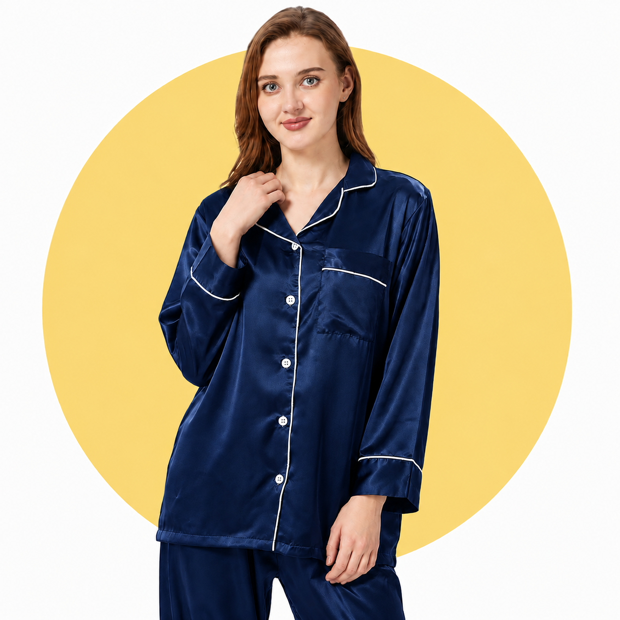 Satin Silk Women's Pajama Suit Long Sleeve Nightwear Set with Scrunchie