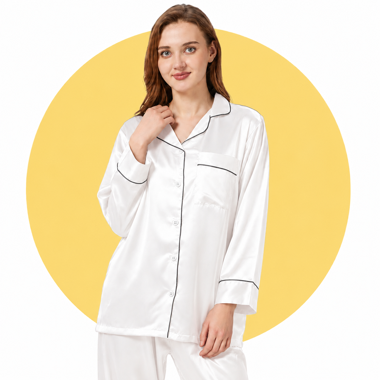 Satin Silk Women's Pajama Suit Long Sleeve Nightwear Set with Scrunchie