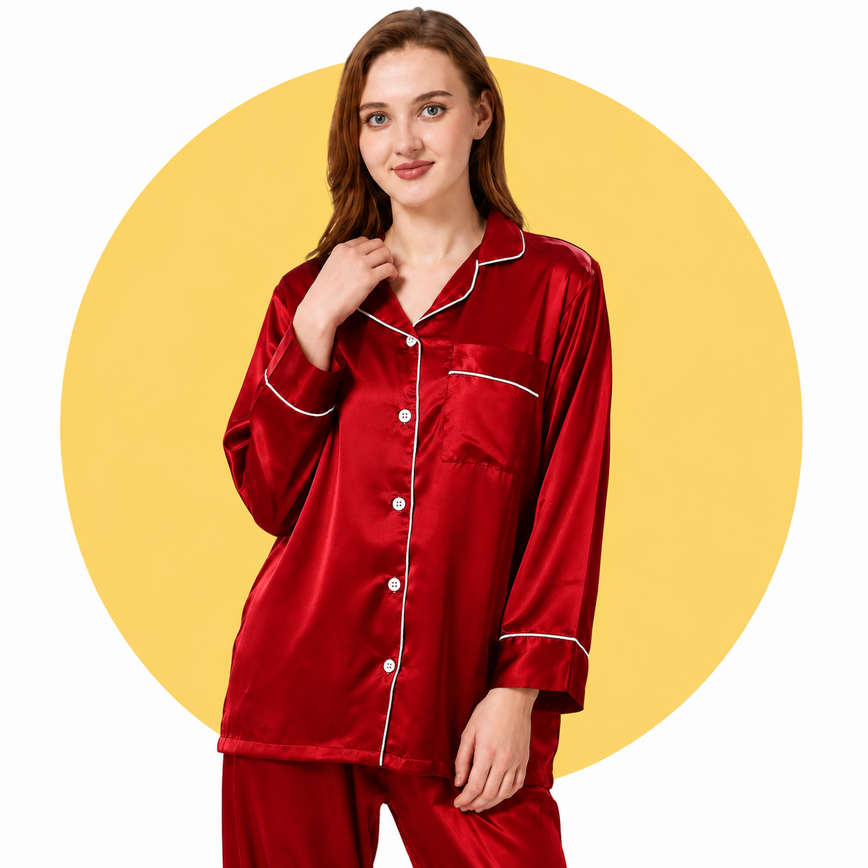 Satin Silk Women's Pajama Suit Long Sleeve Nightwear Set with Scrunchie