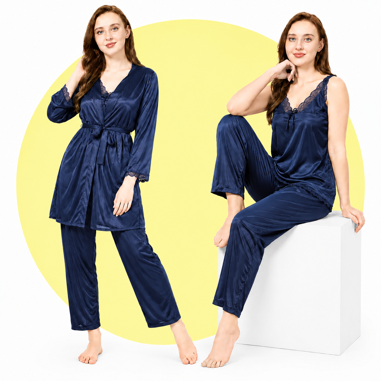 Women's Jersey Silk 3 Piece Night Suit Set Cami Top & Pants Soft Sleepwear Black