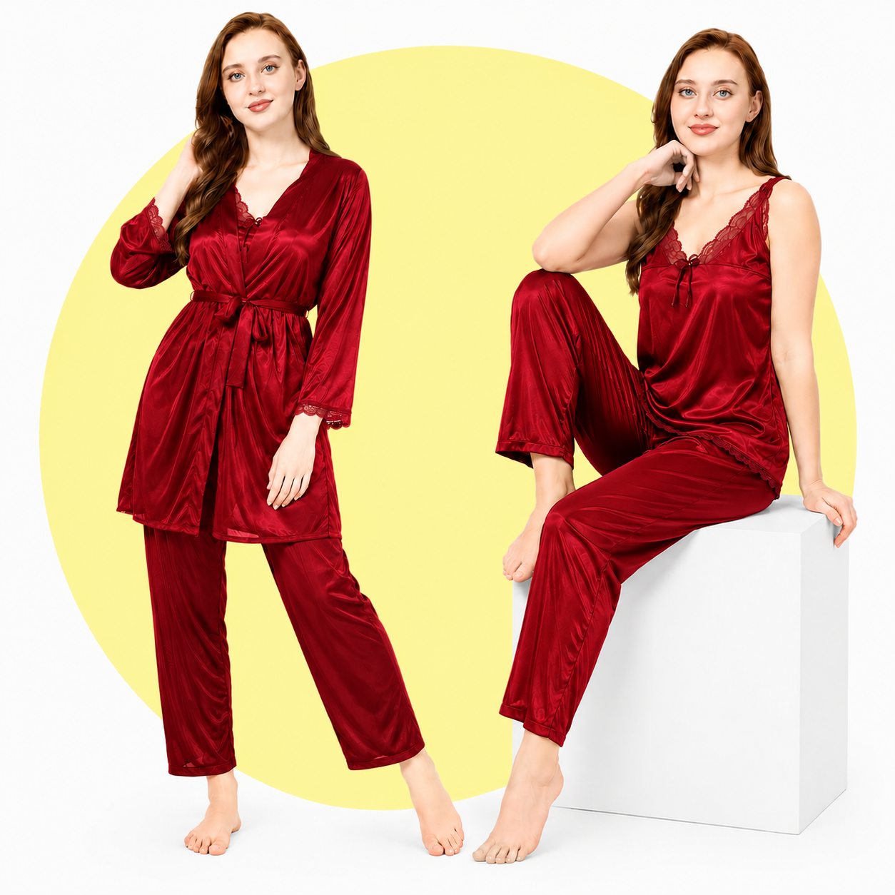 Women's Jersey Silk 3 Piece Night Suit Set Cami Top & Pants Soft Sleepwear Black