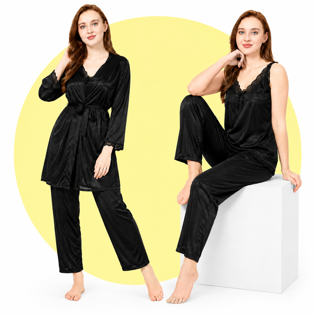 Women's Jersey Silk 3 Piece Night Suit Set Cami Top & Pants Soft Sleepwear Black