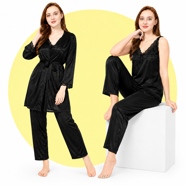 Women's Jersey Silk 3 Piece Night Suit Set Cami Top & Pants Soft Sleepwear Black