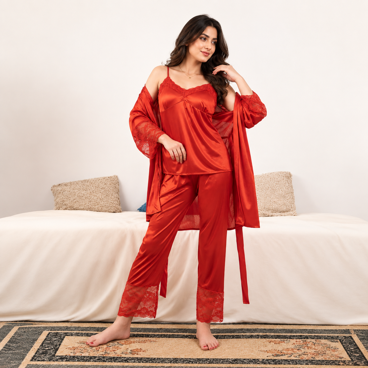 3Pc / 5Pc Bridal Silk Long Slit Nighty Set Sleepwear Robe Sets Lace Nightdress