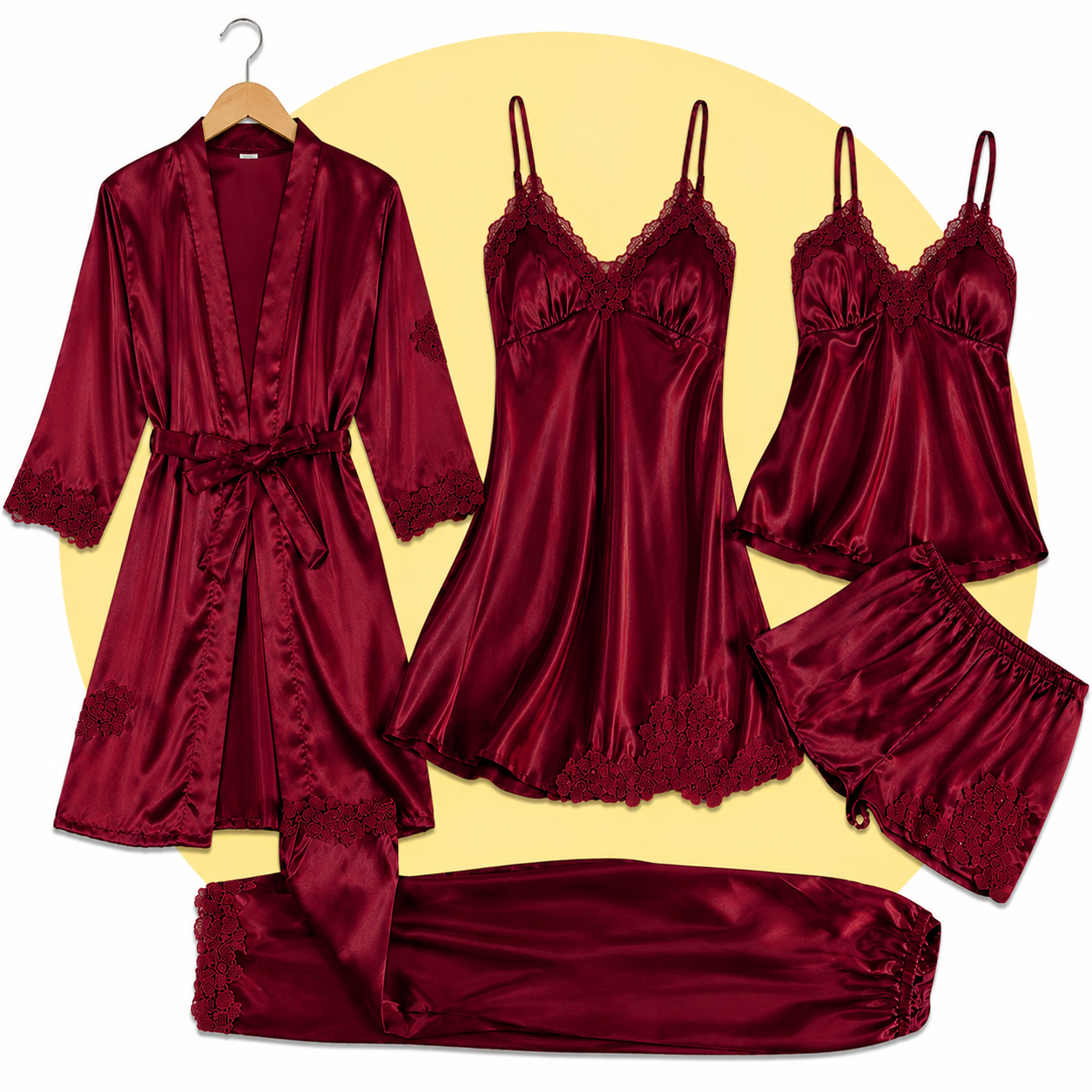 Royal Bridal Silk 5Pc Luxury Lace Trim Nightwear Set for Women
