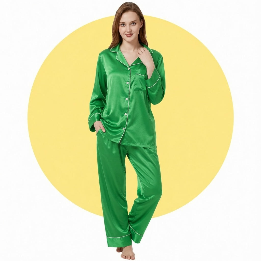 Satin Silk Women's Pajama Suit Long Sleeve Nightwear Set with Scrunchie