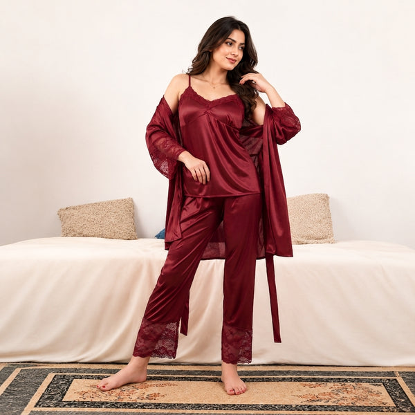 3Pc / 5Pc Bridal Silk Long Slit Nighty Set Sleepwear Robe Sets Lace Nightdress