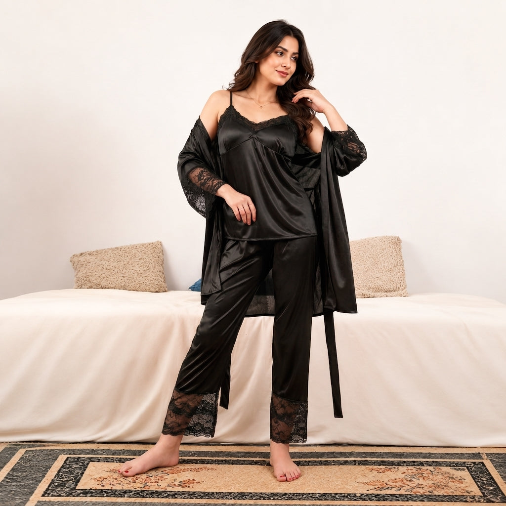 3Pc / 5Pc Bridal Silk Long Slit Nighty Set Sleepwear Robe Sets Lace Nightdress