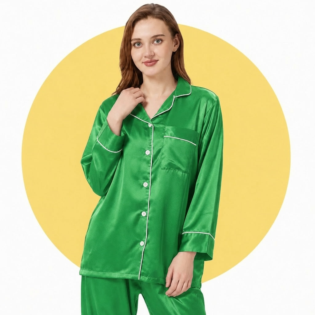 Satin Silk Women's Pajama Suit Long Sleeve Nightwear Set with Scrunchie