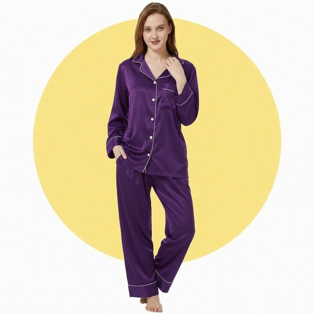 Satin Silk Women's Pajama Suit Long Sleeve Nightwear Set with Scrunchie
