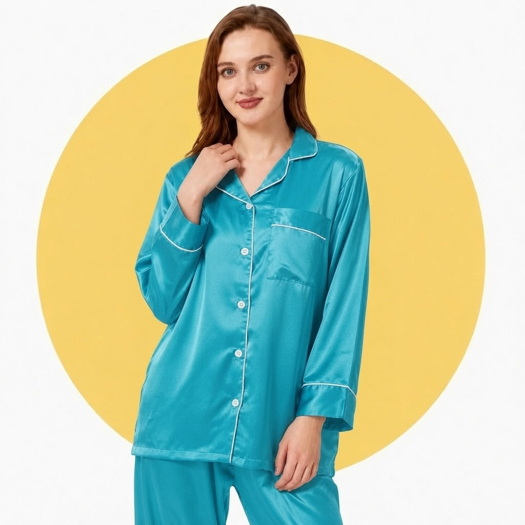 Satin Silk Women's Pajama Suit Long Sleeve Nightwear Set with Scrunchie