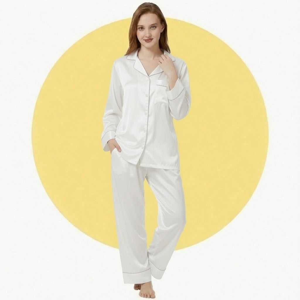 Satin Silk Women's Pajama Suit Long Sleeve Nightwear Set with Scrunchie