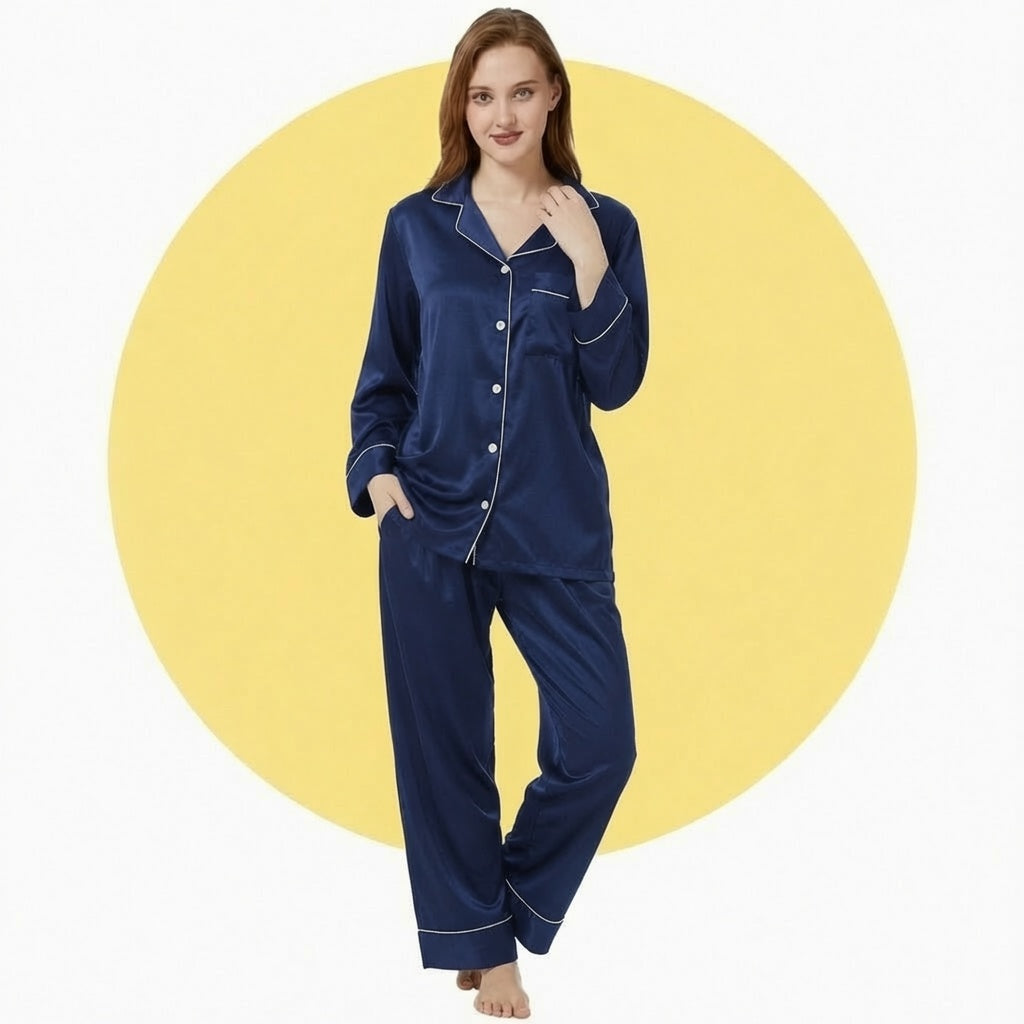 Satin Silk Women's Pajama Suit Long Sleeve Nightwear Set with Scrunchie